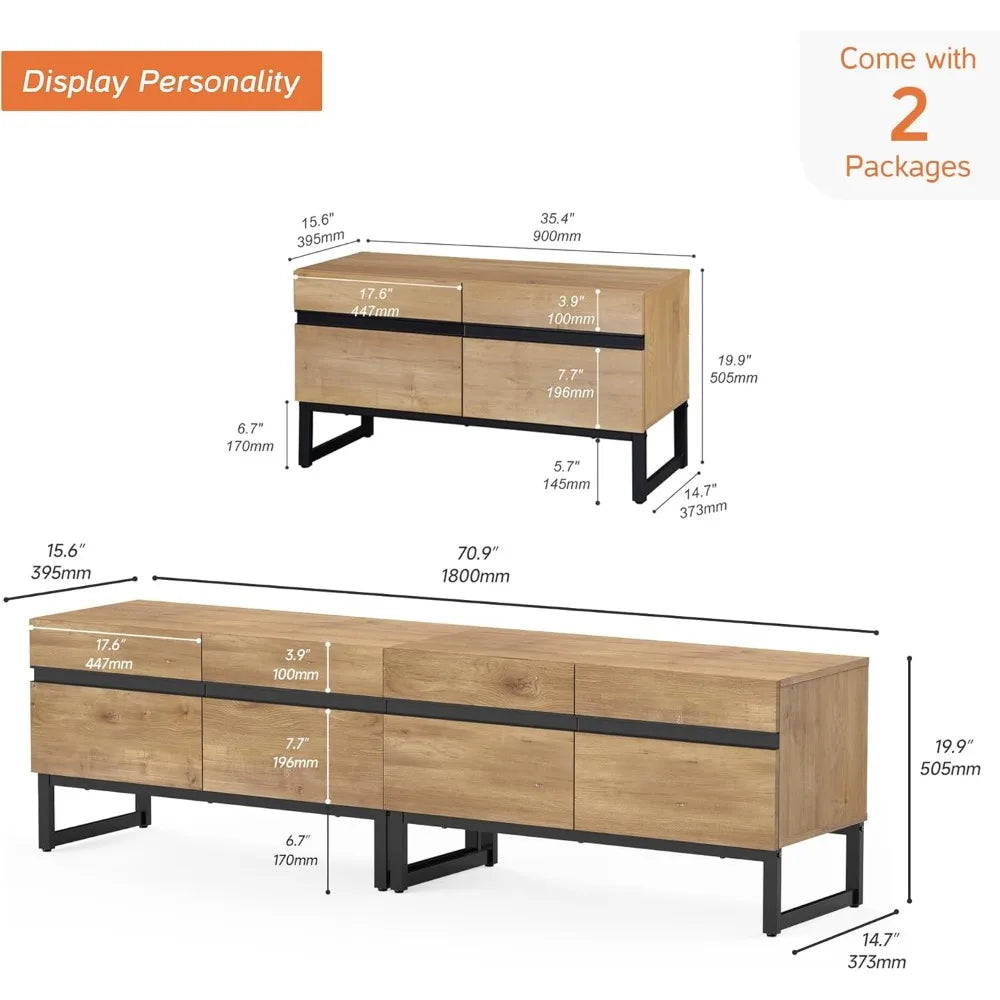 Wampat Modern TV Stand for 75" TVs — 2-in-1 Entertainment Center with Storage Cabinets & Oak Metal Base