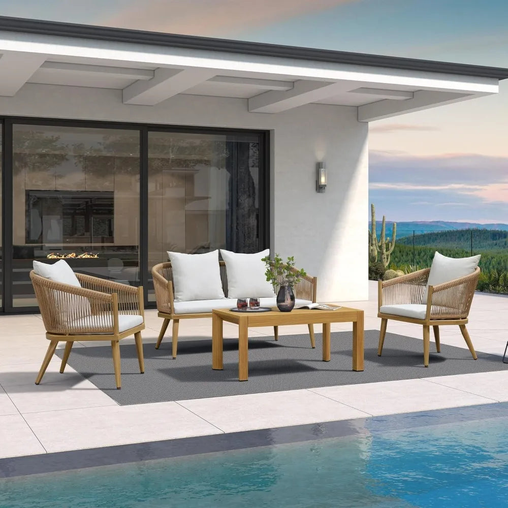 ALUVANA™ – 4-piece outdoor wicker patio set with aluminum table, rattan chairs, and included cushions for porch or garden lounge
