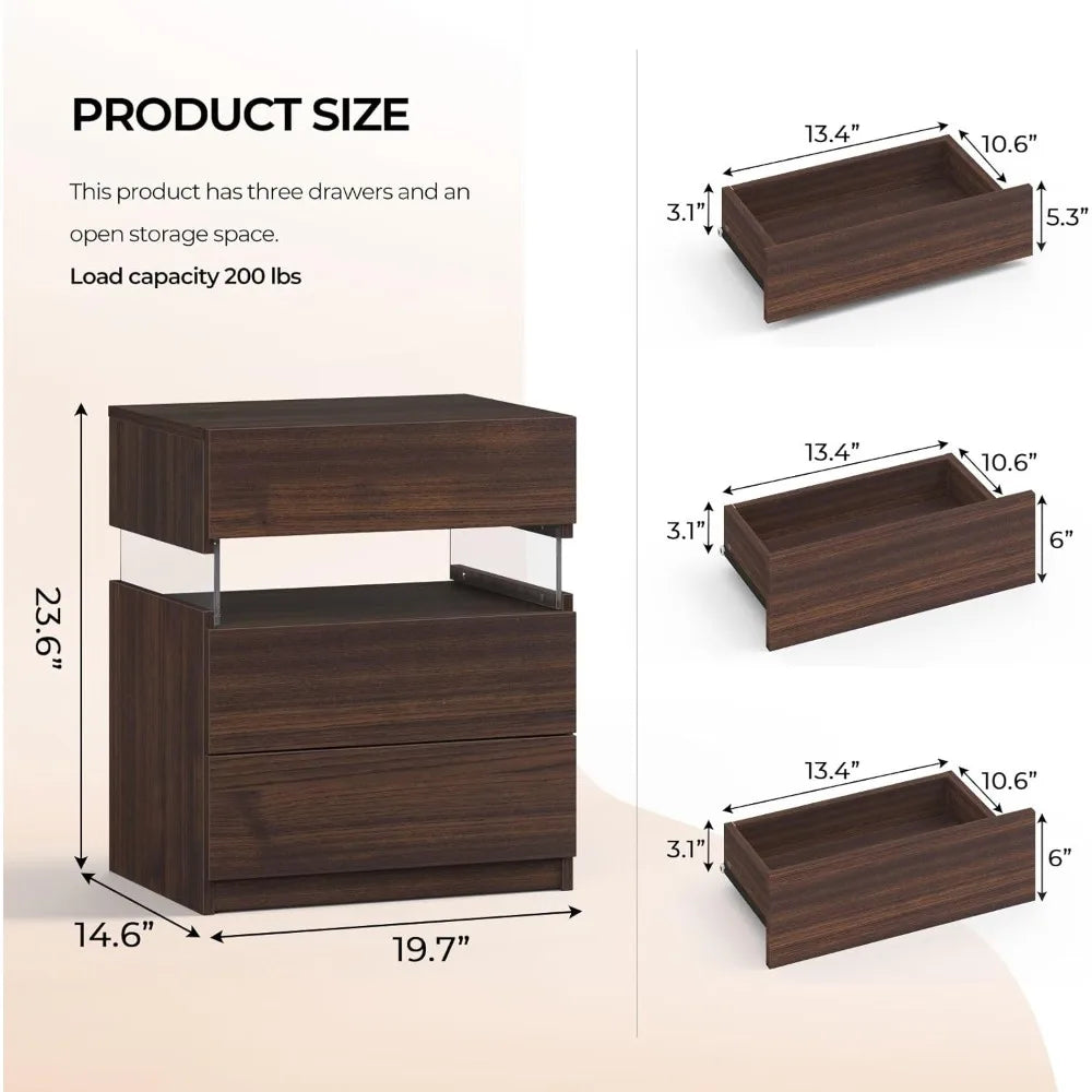 Luma™ LED Nightstand Set of 2 – Modern Bedroom Bedside Tables with 3 Drawers