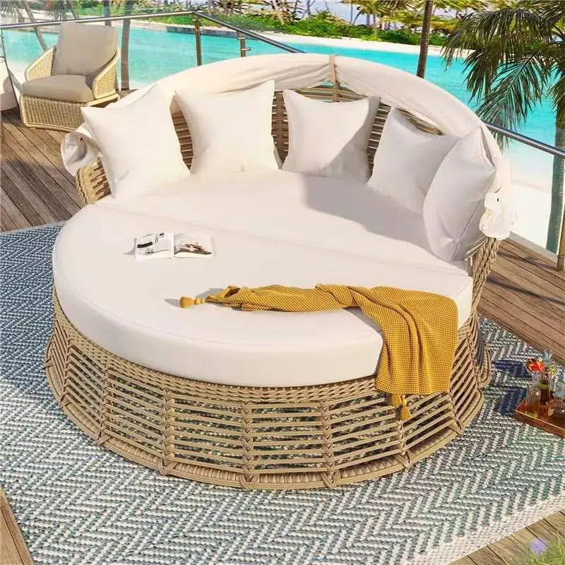 Solara™ Round Rattan Daybed Outdoor Wicker Sunbed with Retractable Canopy & Removable Cushions — Perfect for Backyard, Porch & Lawn