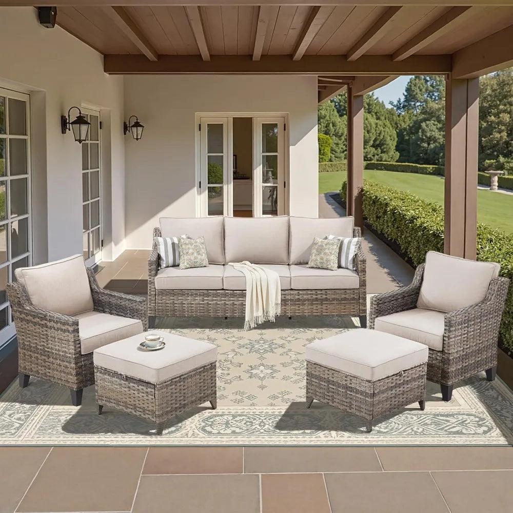 OUTWOOD™ – 5-piece high-back outdoor wicker couch set with 2 patio chairs, comfy cushions, and ottomans for stylish patio living