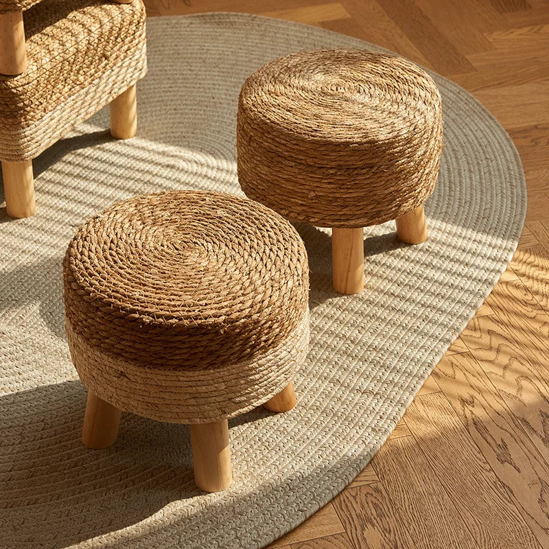Rustora® Grass Woven Stool – Rustic Low Rattan Shoe-Changing Seat with Thickened Cushion & Wooden Base for Home Living