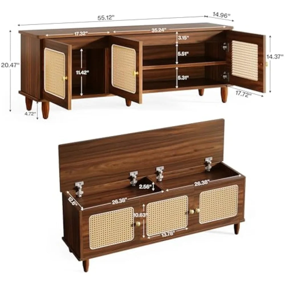 Tribesigns™ 55" Shoe Bench with Lift-Top Storage – 2-Tier Entryway Bench with Rattan Doors & Hidden Shoe Cabinet